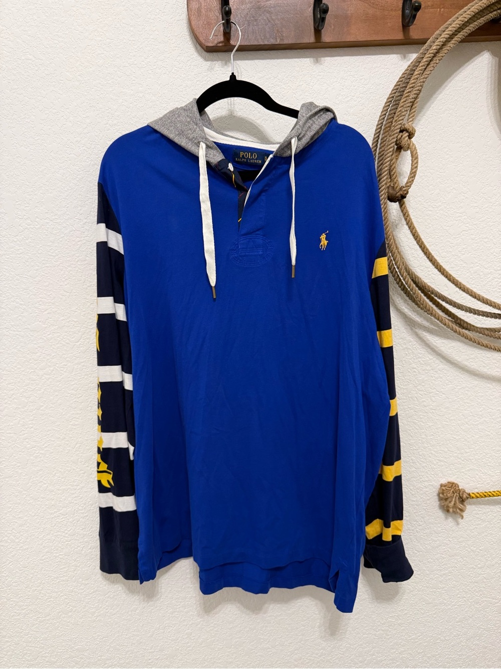 Polo by Ralph Lauren Royal Blue Hooded Rugby Shirt with Striped Sleeves